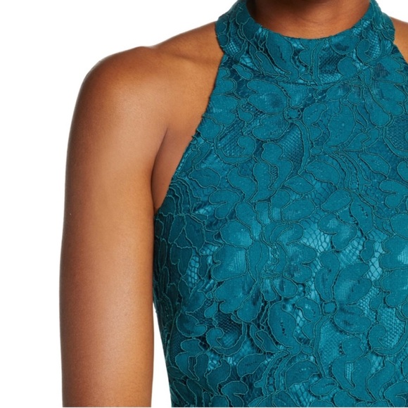 ELIZA J Floral Lace Fit-n-Flare Mock Neck Sleeveless Dress, Teal, Size 6 - Picture 4 of 8